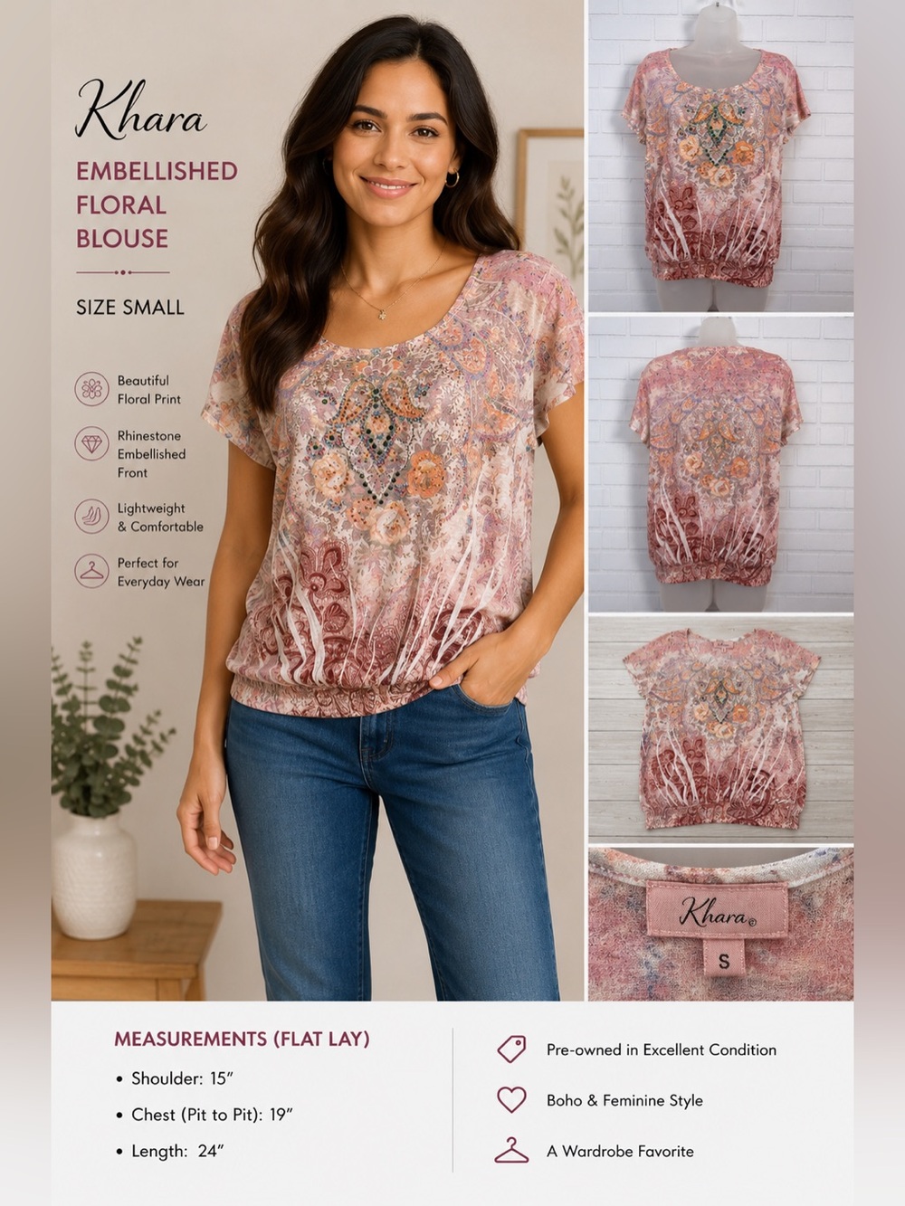 Kiara Embellished Floral Paisley Short Sleeve Blouse festival  Boho Rhinestone/S